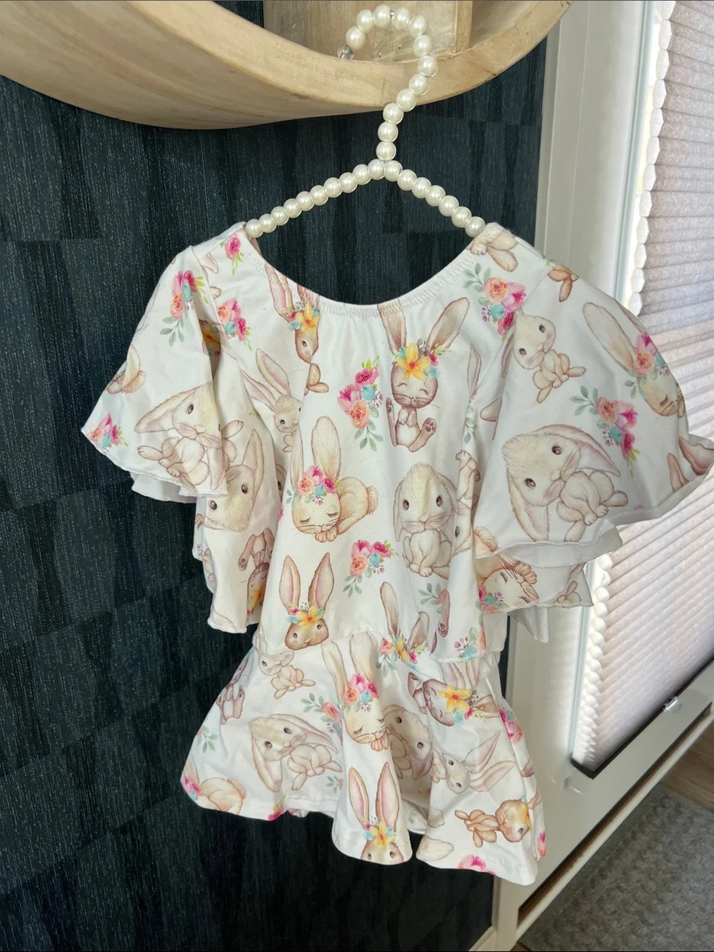 Easter Bunny Print Ruffle one piece with voluminous sleeves and hidden shorts